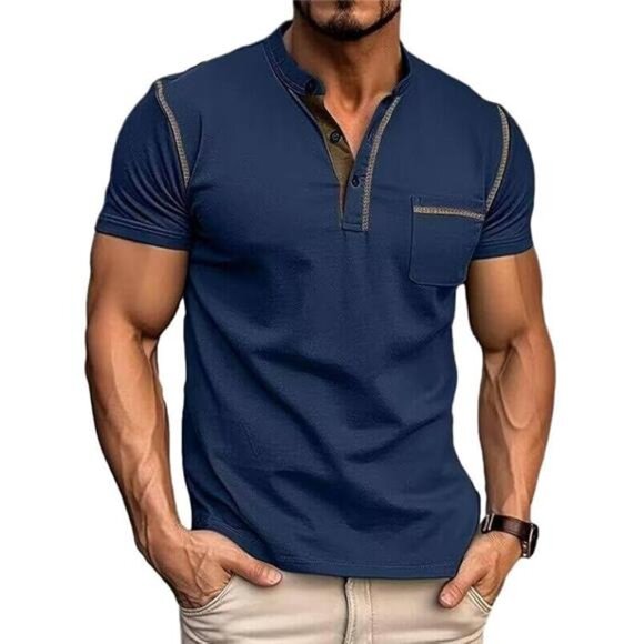 Men's Blue Shirt Classic Short/Long Sleeve Lightweight Button Cotton T-shirts - Picture 2 of 7